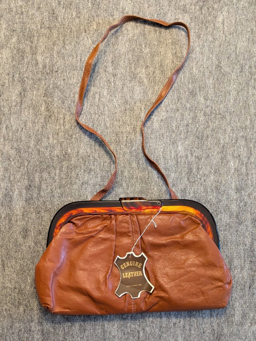 Share NWT Vintage Womens Leather Clutch Purse Made in Hong Kong Brown Evening
